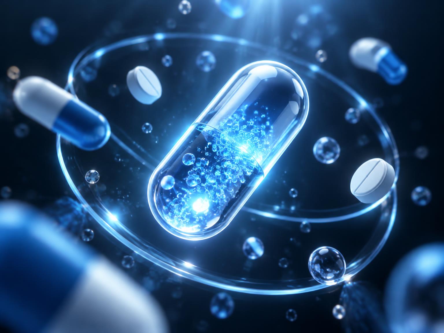 Glowing translucent medicine capsule surrounded by floating pills